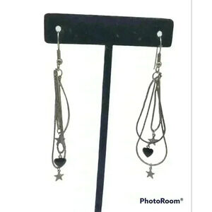 Vintage Silver Earrings Long Herringbone Chains Star Moon Charms 80s Dangle